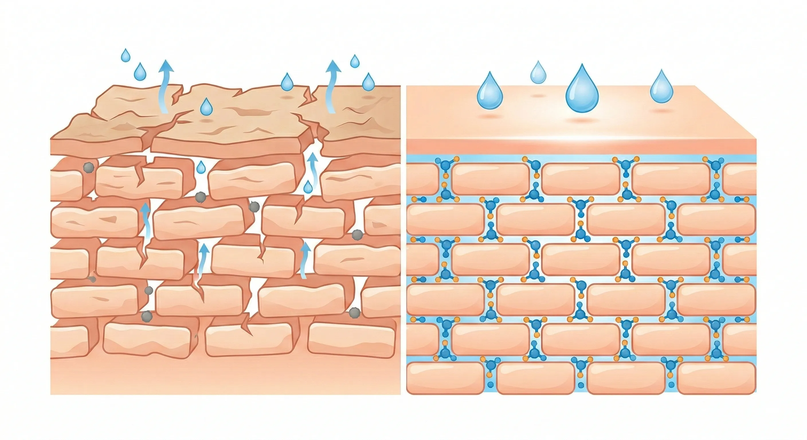피부 장벽(벽돌 구조) 사이에 세라마이드 크림이 촘촘하게 스며들어 촉촉하고 매끄럽게 정돈된 피부 결